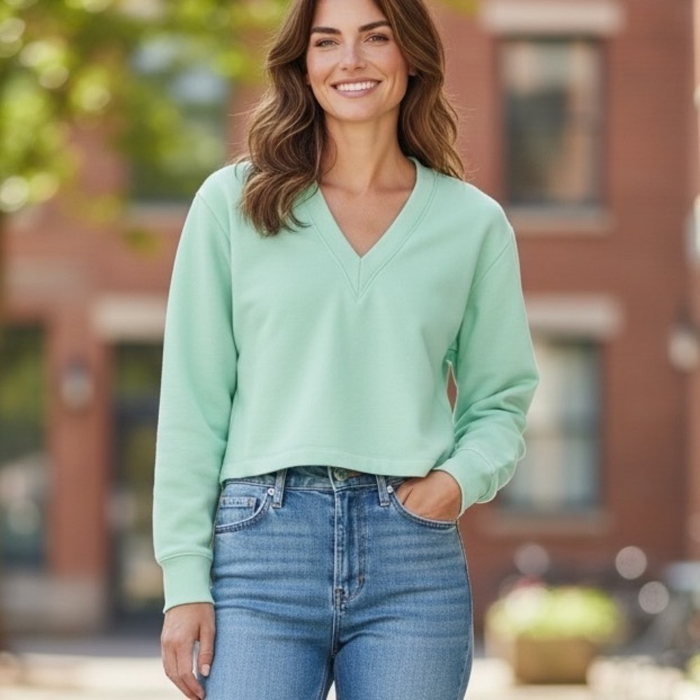 Tibi Mint Green V-Neck‎ Cropped Sweatshirt Cotton Blend Pullover Small